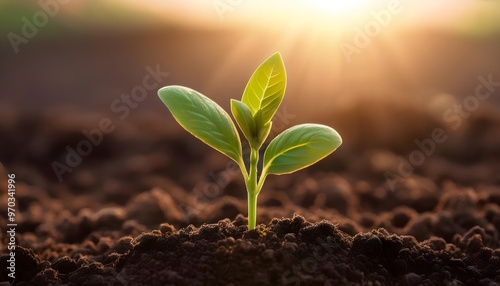 Green saplings emerging from the ground It is a symbol of new life and growth. photo