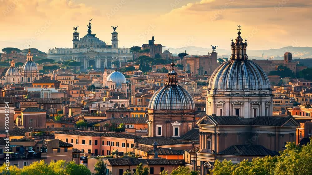 A panoramic view of Rome showcasing historic architecture and cityscape at sunset.