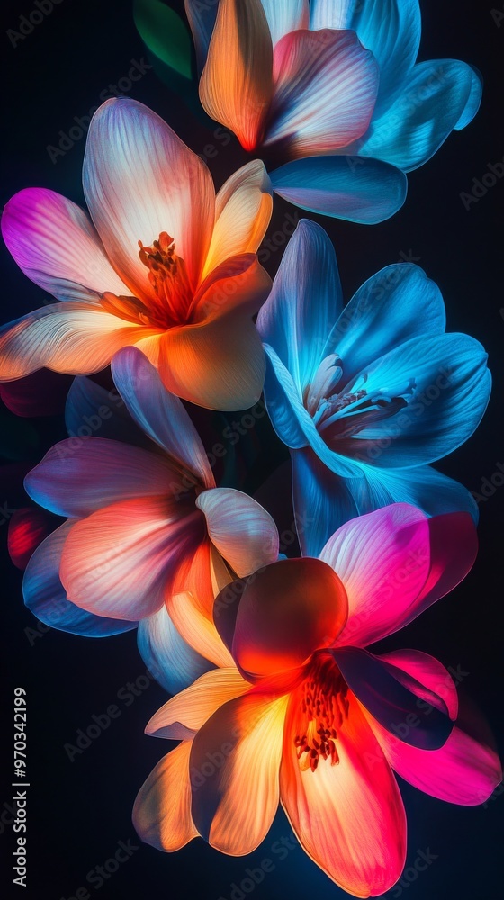 Vibrant colorful flowers illuminated with neon Vibrant colorful flowers illuminated with neon