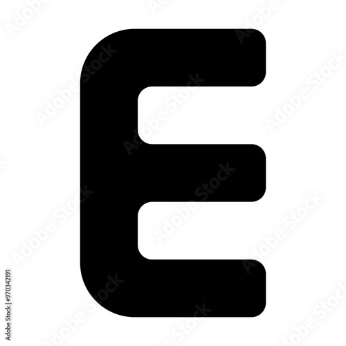 E capital letter icon in solid filled glyph style. Simple initial symbol vector illustration — pixel-perfect icon.