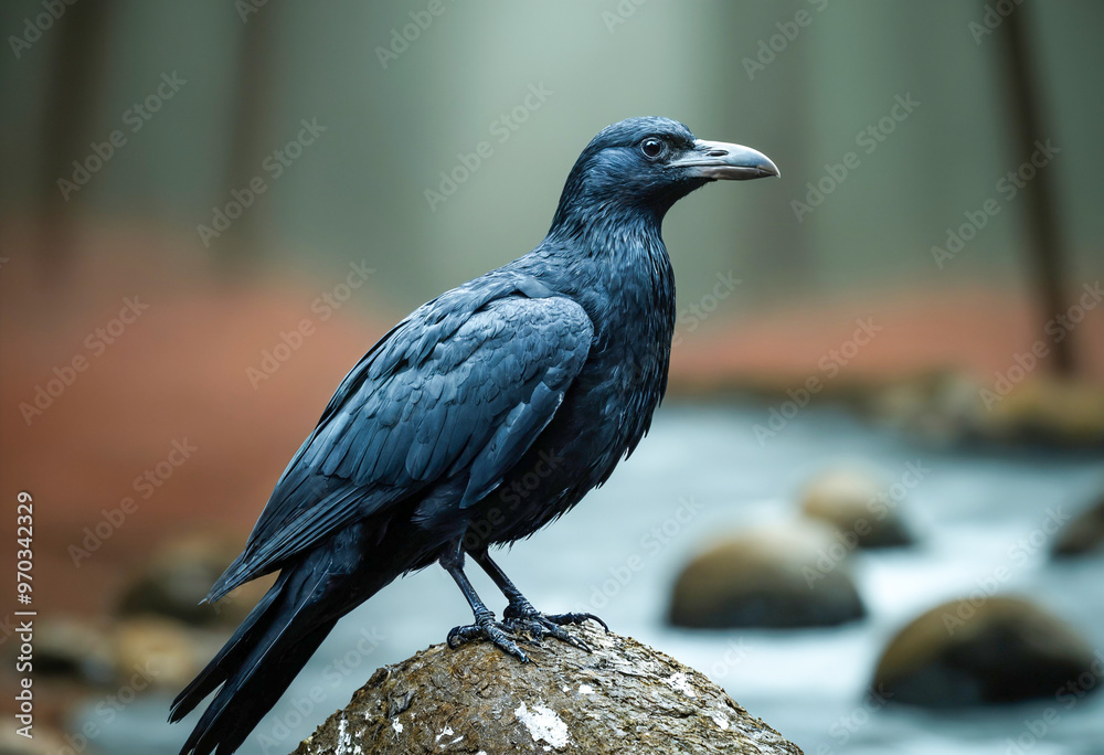 Fototapeta premium close-up photo of a crow on a rock. ai generative