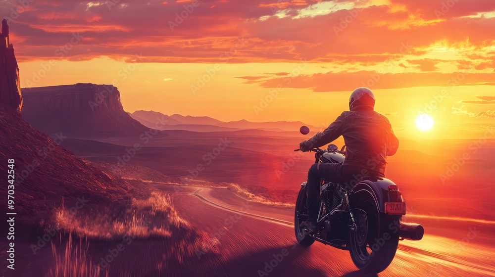 A lone motorcyclist rides through a desert landscape at sunset, enjoying the freedom of the open road. A lone motorcyclist rides through a desert landscape at sunset, enjoying the freedom of the open road.