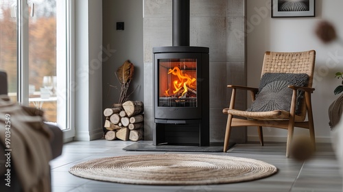 Modern wood stove with flames, black pot body, built-in log station, and cozy decor in contemporary home setting.