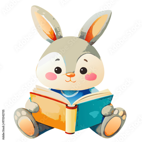 Bunny Bookworm: A charming, watercolor illustration of a bunny engrossed in a book, perfect for children's literature, educational materials, and whimsical designs. 