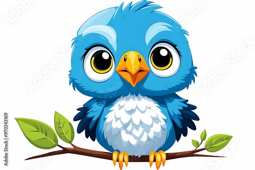 Cute Cartoon Blue Bird Perched on a Branch with Green Leaves