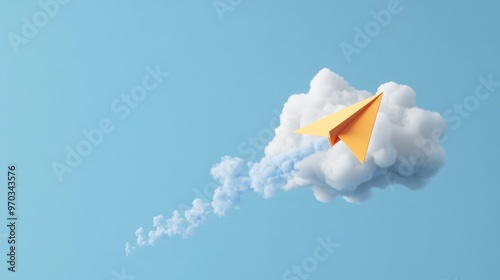 Minimalist Travel Concept with Orange Paper Airplane on Light Blue Background and White Clouds