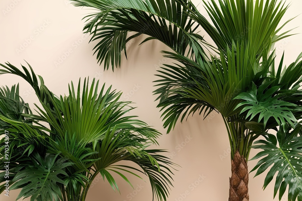 Fototapeta premium Tropical Palm Arrangement Highlighting Lush Greenery on Subtle Backgrounds