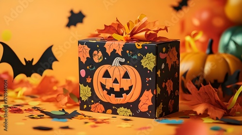 Halloween Gift Box with Pumpkin Design and Fall Decorations