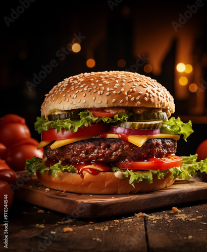A delicious, delicious burger is placed on a wooden table in the kitchen.