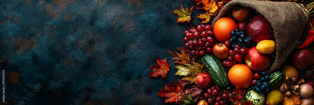 Fototapeta premium Autumn Harvest Abundance with Grapes Apples and Fall Leaves on Rustic Blue Background