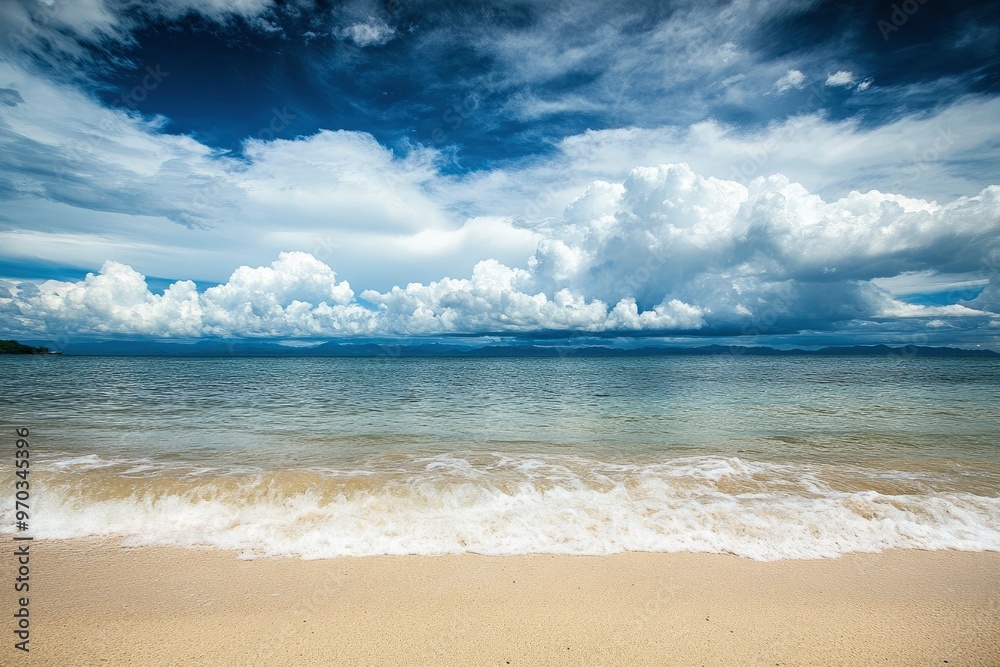 sea and cloudy sky with beach sand in the foreground , ai sea and cloudy sky with beach sand in the foreground , ai