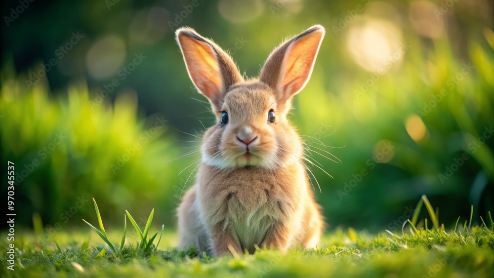 Fototapeta premium A soft and cuddly rabbit sits on a lush green meadow, its velvety ears twitching as it sniffs