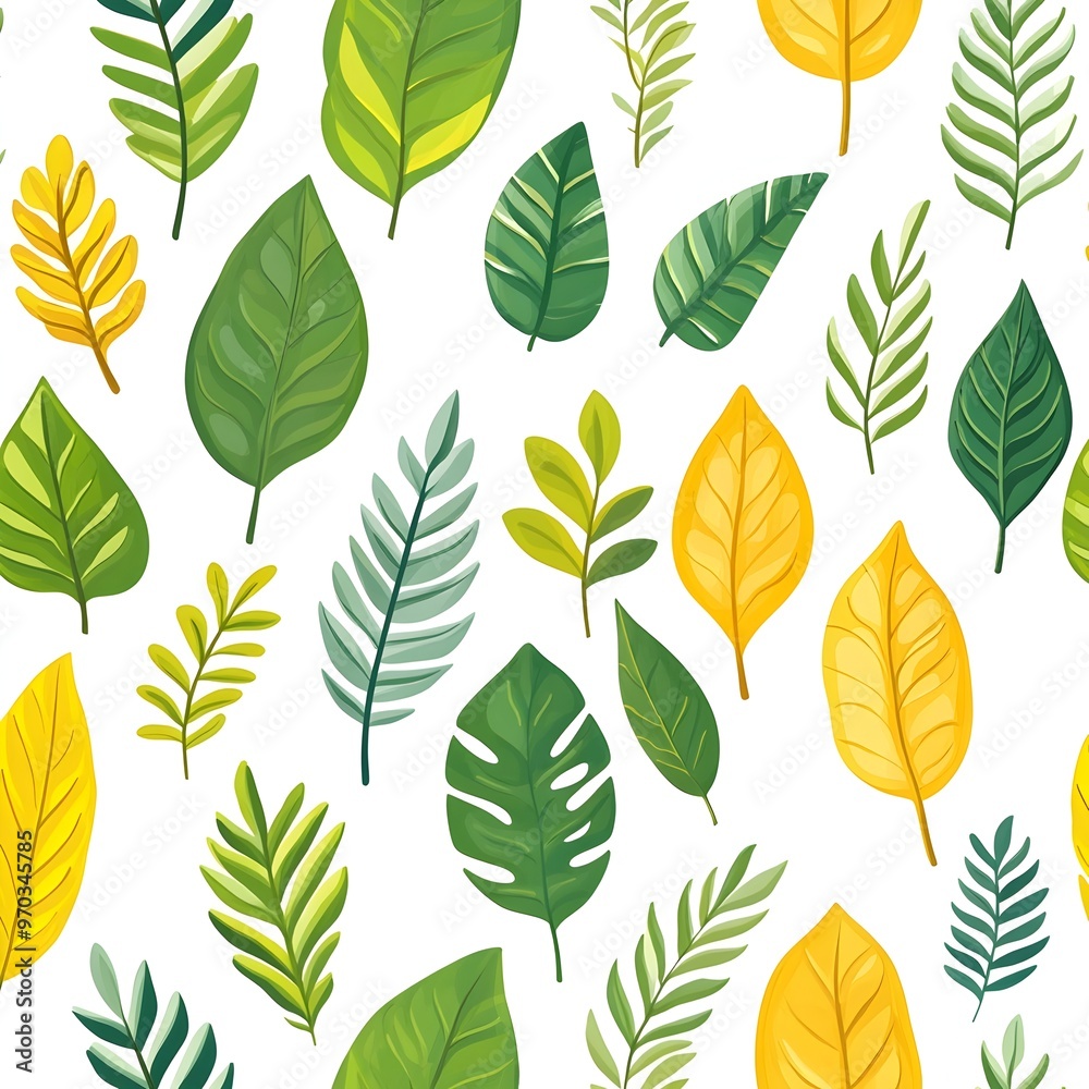 Obraz premium Seamless botanical pattern with diverse assorted fresh green yellow and red leaves on pristine white background