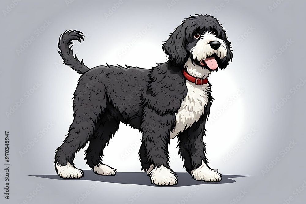A Black and White Portuguese Water Dog with a Red Collar A Black and White Portuguese Water Dog with a Red Collar