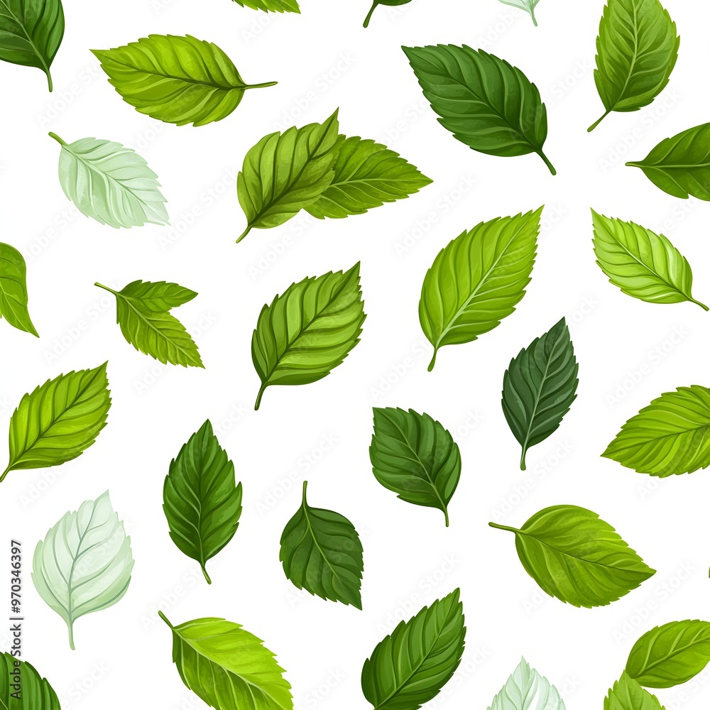 Seamless Pattern with Fresh and Vibrant Leaves on a Clean White Background