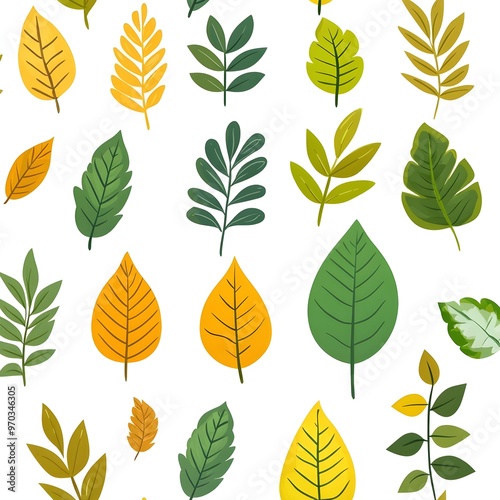 Seamless Pattern of Diverse Fresh Natural Leaves on Clean White Background