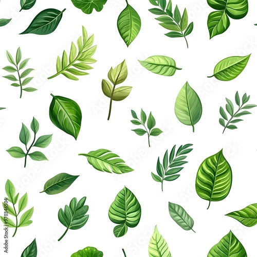 Seamless Natural Leaves Pattern on White Background with Vibrant Green Foliage