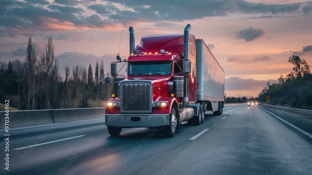 A red truck driving on a highway during sunset, showcasing transportation and logistics. A red truck driving on a highway during sunset, showcasing transportation and logistics.
