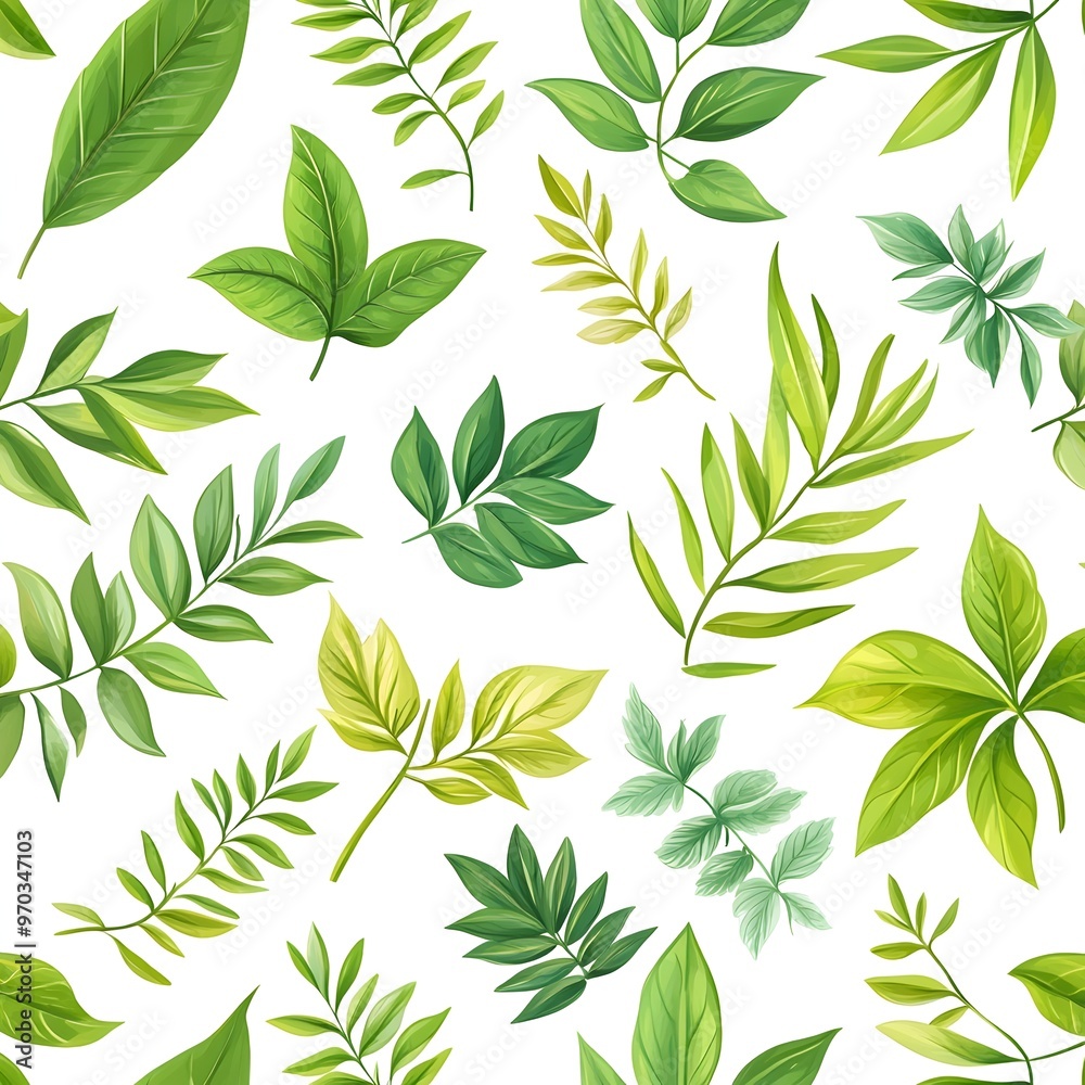 Fototapeta premium Seamless pattern with assorted natural and fresh green leaves on white background