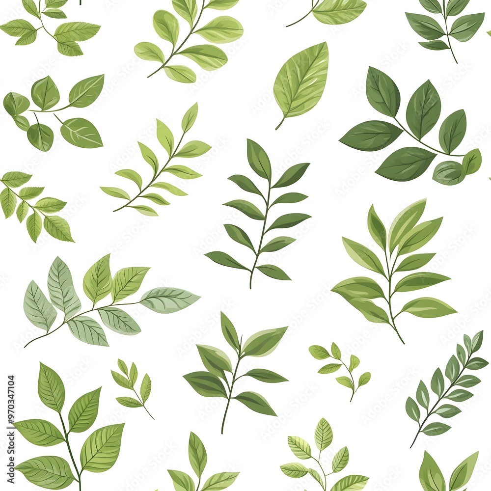 Seamless pattern of fresh natural leaves on a clean white background Seamless pattern of fresh natural leaves on a clean white background