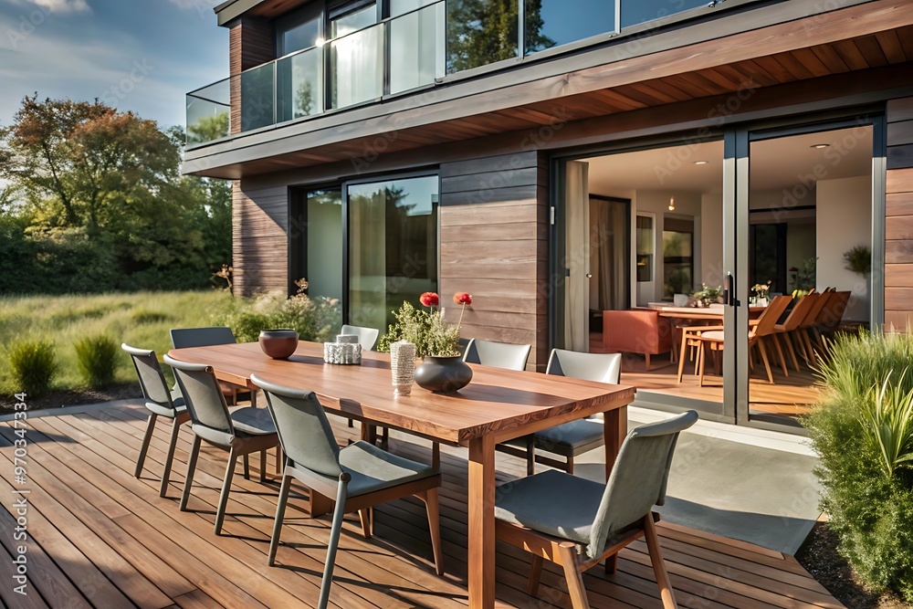 Obraz premium Modern patio dining area with wooden table and chairs.