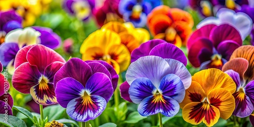 A symphony of color, pansy blooms burst forth in a rainbow of shades, from deep blues and emerald