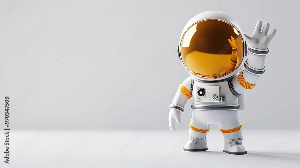 A friendly cartoon astronaut waves cheerfully, showcasing a vibrant design and a futuristic charm in a minimalist setting. A friendly cartoon astronaut waves cheerfully, showcasing a vibrant design and a futuristic charm in a minimalist setting.