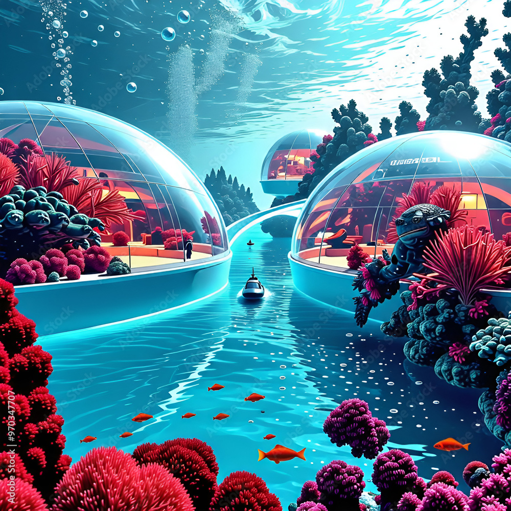 A city underwater, with transparent domes housing futuristic buildings ...