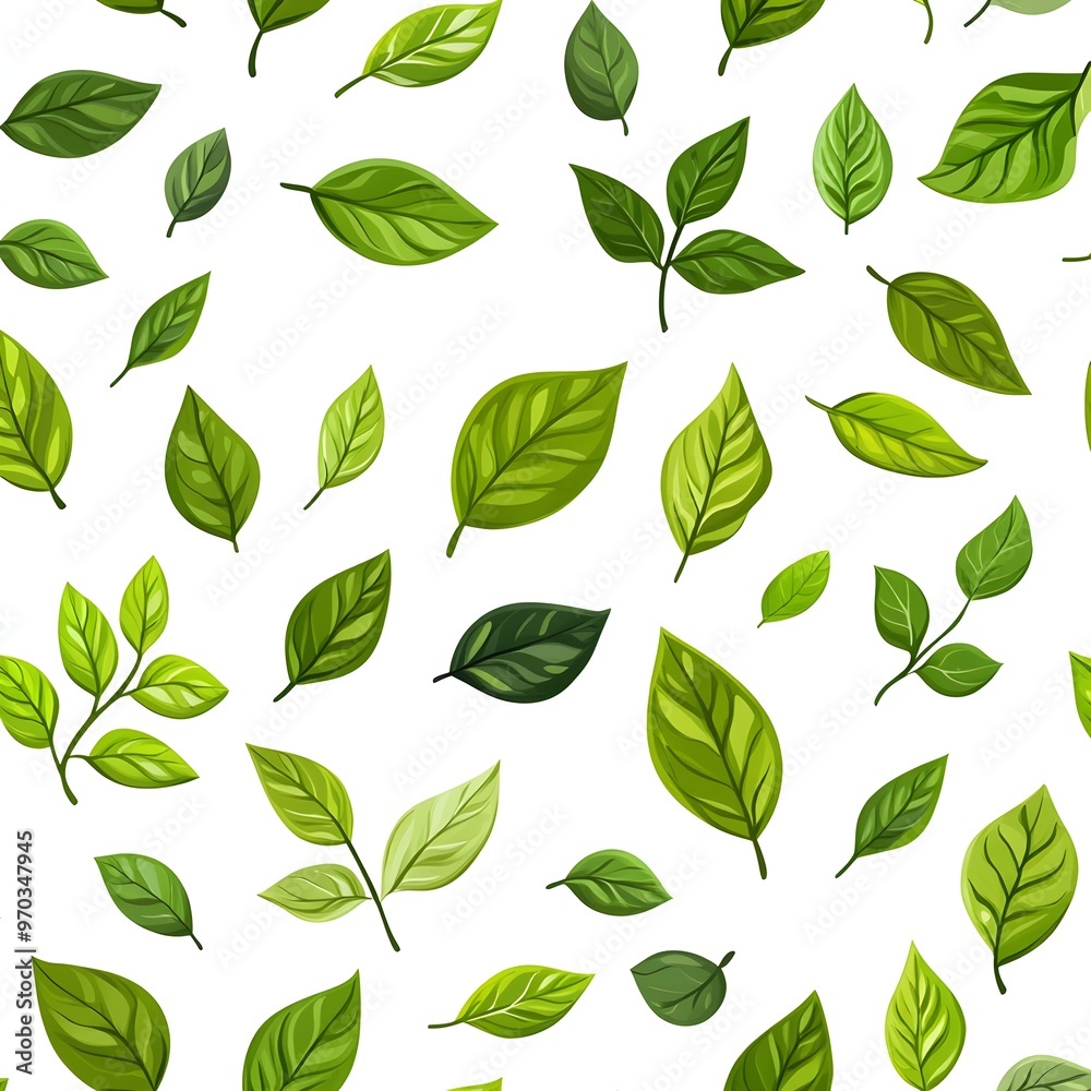 Seamless natural pattern with fresh and diverse vibrant green leaves on a clean white background Seamless natural pattern with fresh and diverse vibrant green leaves on a clean white background