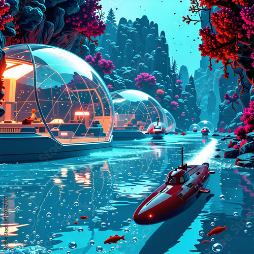 A city underwater, with transparent domes housing futuristic buildings, coral reefs growing outside, and sleek submarines passing through illuminated tunnels. photo