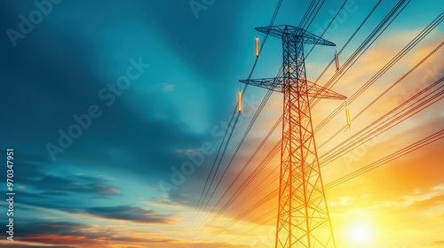 Close-up of high-voltage power lines against a sunset backdrop