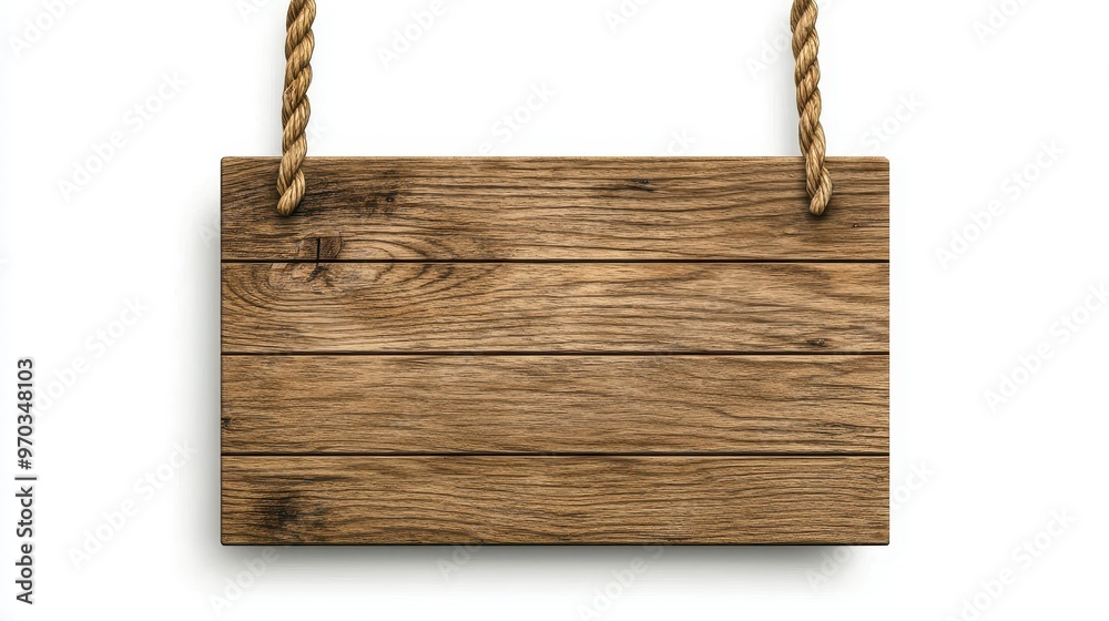 Rustic Wooden Signboard Hanging on Rope Isolated on White Background Rustic Wooden Signboard Hanging on Rope Isolated on White Background