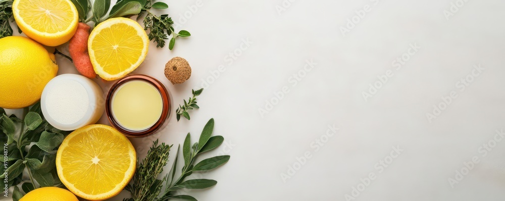 A fresh, clean display of spa products with citrus and fresh herbs, spa products, citrus, fresh herbs A fresh, clean display of spa products with citrus and fresh herbs, spa products, citrus, fresh herbs
