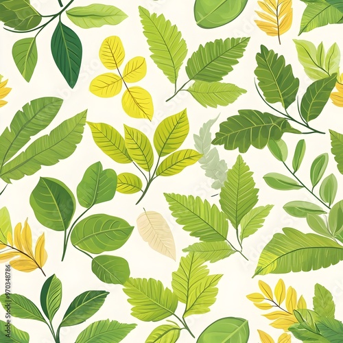 Seamless natural pattern with various fresh leaves on white background photo