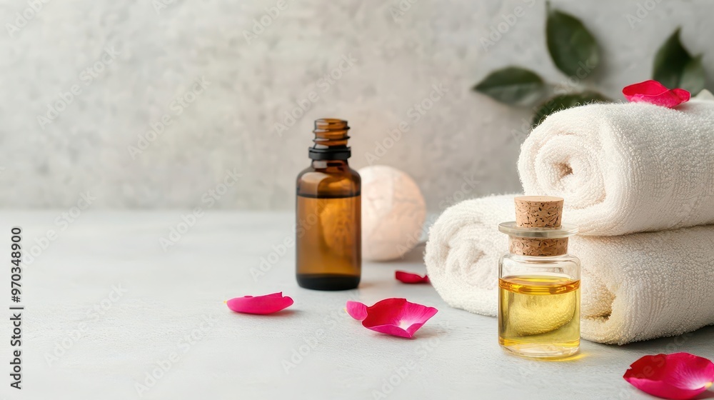 A luxurious spa setting with rose petals, essential oils, and soft ambient lighting, luxurious spa, rose petals, essential oils