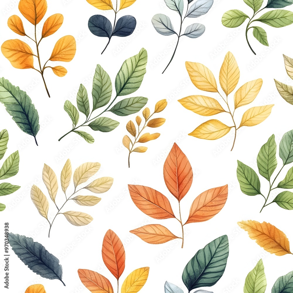 Fototapeta premium Autumn Leaves and Fresh Foliage Seamless Pattern on White Background