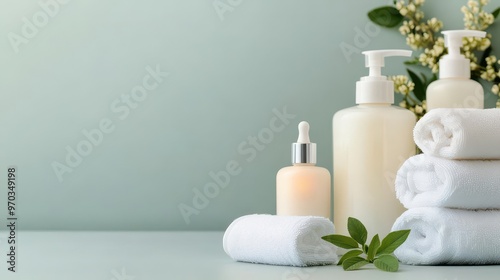 A serene spa scene with scented candles, soft towels, and herbal products, spa scene, candles, herbal products