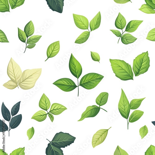 Seamless pattern of various fresh and natural green leaves on clean white background