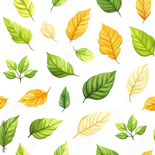 Seamless Pattern of Natural and Fresh Leaves on Minimal White Background