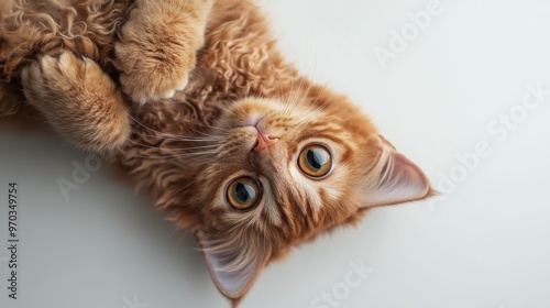 Playful LaPerm Cat Looking Up with Funny Expression in Natural Daylight on White Background photo