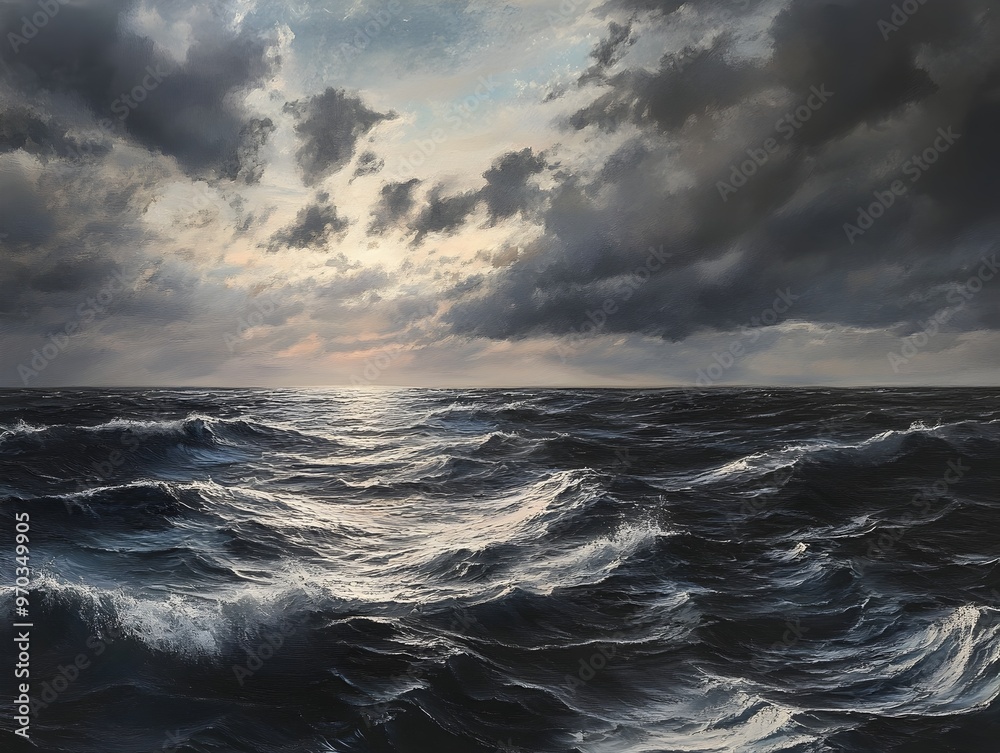 Dramatic Stormy Seascape at Twilight with Brooding Clouds and Shimmering Waves Dramatic Stormy Seascape at Twilight with Brooding Clouds and Shimmering Waves