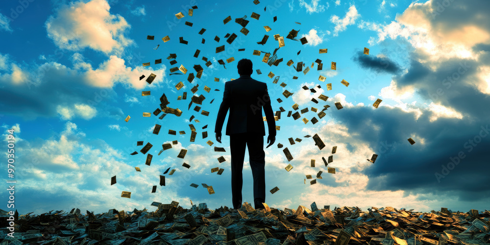 A man stands on a pile of money, surrounded by a cloud of gold