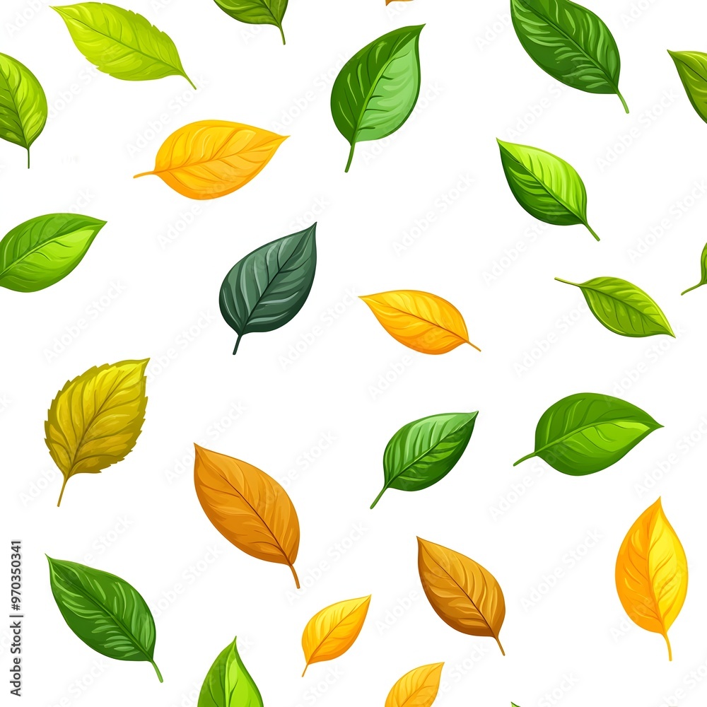 Seamless Natural Foliage Pattern with Vibrant Green and Autumn Leaves on White Background Seamless Natural Foliage Pattern with Vibrant Green and Autumn Leaves on White Background