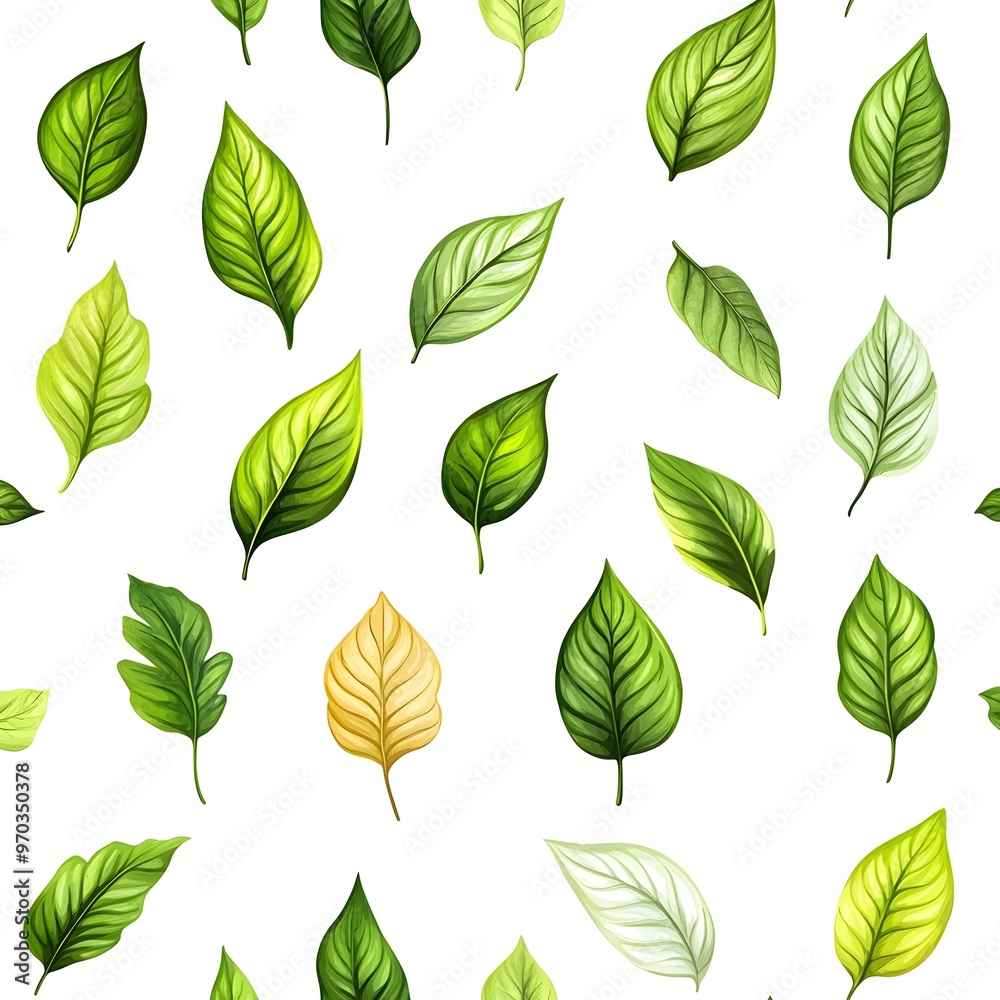 Elegant seamless pattern with various fresh and natural green leaves on clean white background Elegant seamless pattern with various fresh and natural green leaves on clean white background
