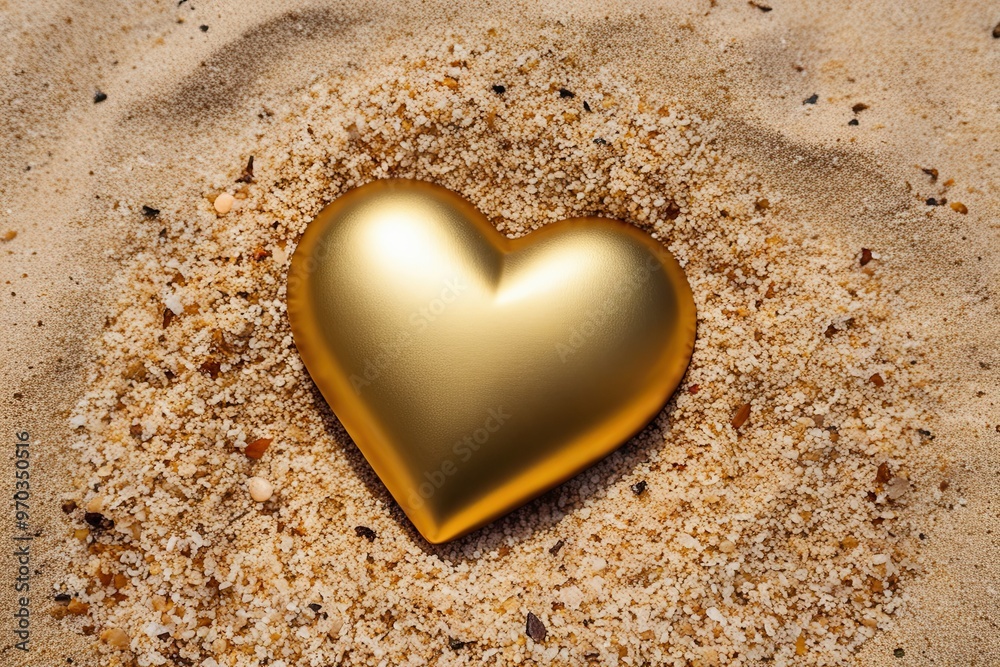 Fototapeta premium Dented Gold Heart Symbol on Sandy Beach Representing Love Lost