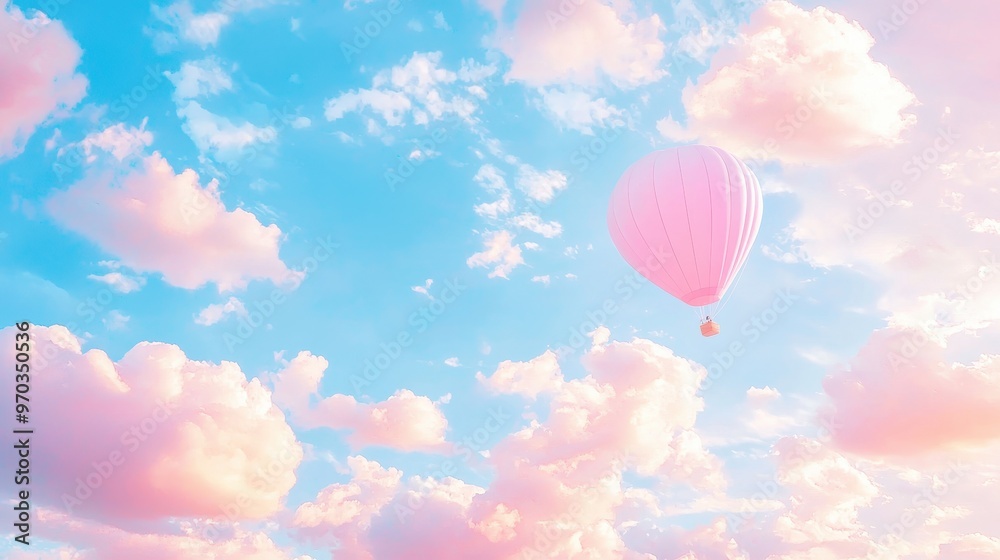 Obraz premium Pink Hot Air Balloon Flying in a Blue Sky with Clouds