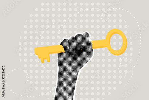 Modern halftone collage. Concept of success, key to success, business plan. Business creative illustration for web banner, marketing material, business presentation