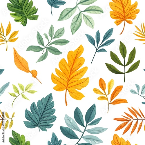 Seamless Leaf Pattern with Vibrant Green and Autumn Orange Foliage on Natural Background