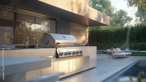 A modern outdoor grill with a sleek design and multiple cooking zones, perfect for grilling up your favorite meals