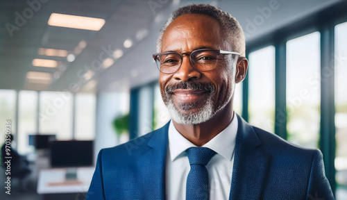 Portrait of a confident senior black american businessman smiling in a modern office building